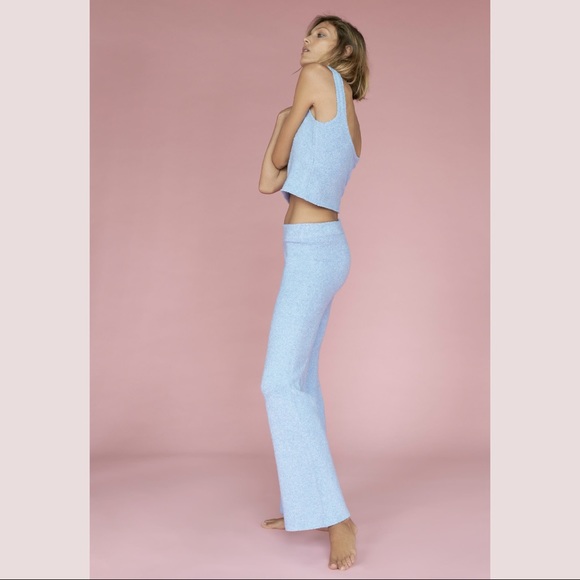 ZARA Wool High Waisted Wide Leg Textured Knit Pull On Trouser Lounge Pants Blue - Picture 5 of 16